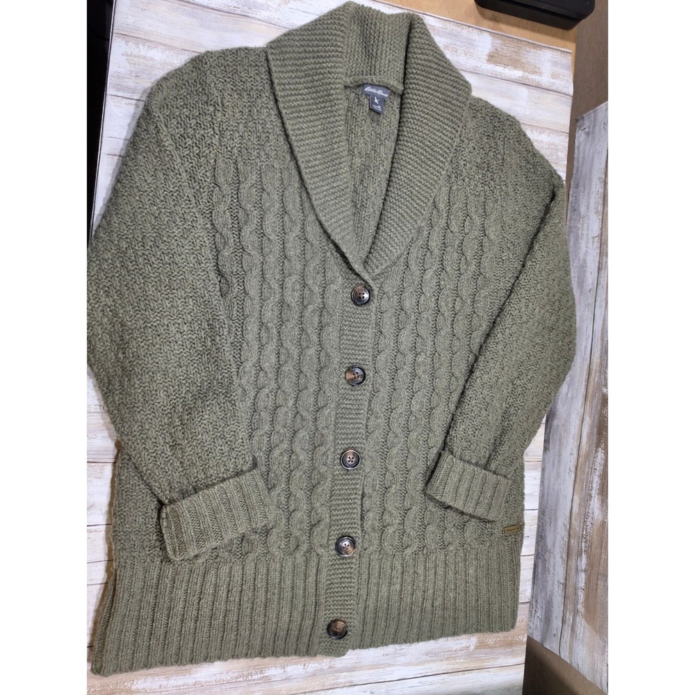 Eddie Bauer Womens XL Green Lambswool Blend Cable Knit Shawl Collar Cardigan